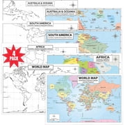 JELLY BEAN GENIUS World, Africa, South America & Australia 4 Piece Map Poster Set   11x17 Laminated Dry Erase Study Maps | Double-Sided Geography Maps with Blank Outline Back | Classroom Learning Aid