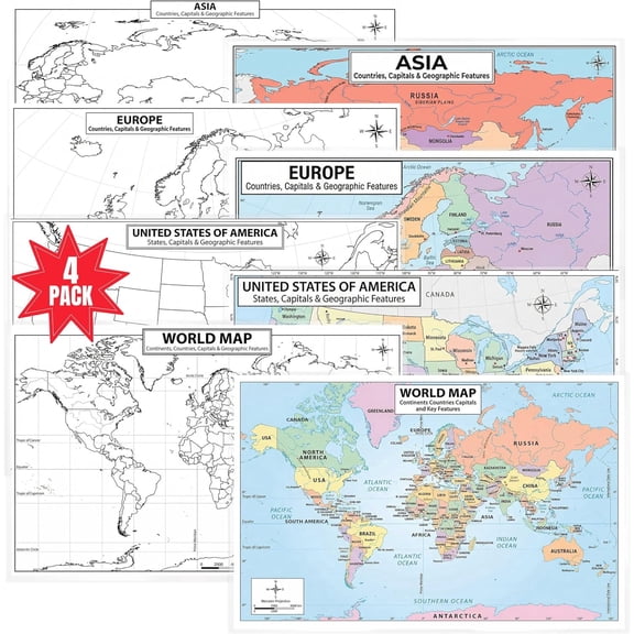 JELLY BEAN GENIUS World, USA, Europe & Asia 4 Piece Map Poster Set – 11x17 Laminated Dry Erase Study Maps | Double-Sided Geography Maps with Blank Outline Back | Homeschool, Classroom & Test Prep
