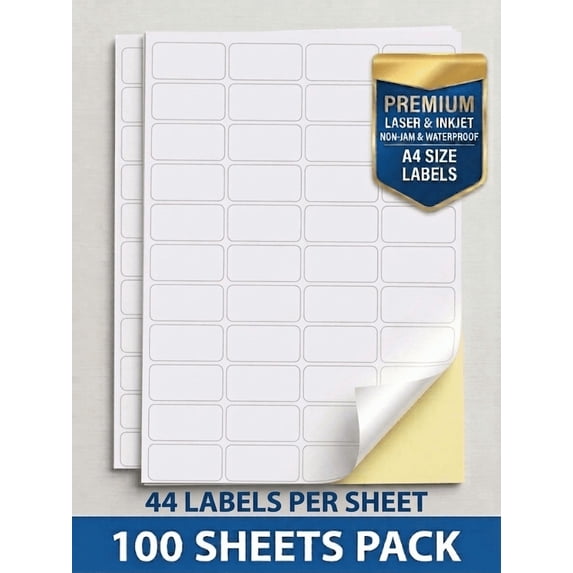 JELLY SIGHT A4 Size Label Sheets, 44-Up Address Shipping Labels, 210x290mm, Waterproof & Jam-Free Sticker Paper for Inkjet/Laser Printers, Matte White, 100 Sheets