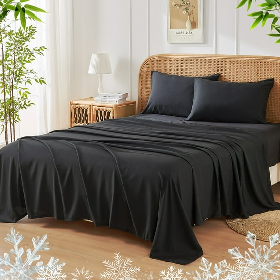 JELLYMONI 4 Pieces Cooling Full Sheets Set, Microfiber & Bamboo Sheet Set, Breathable & Wrinkle Free 16" Deep Pockets Bedding Sheets & Pillowcases,Black