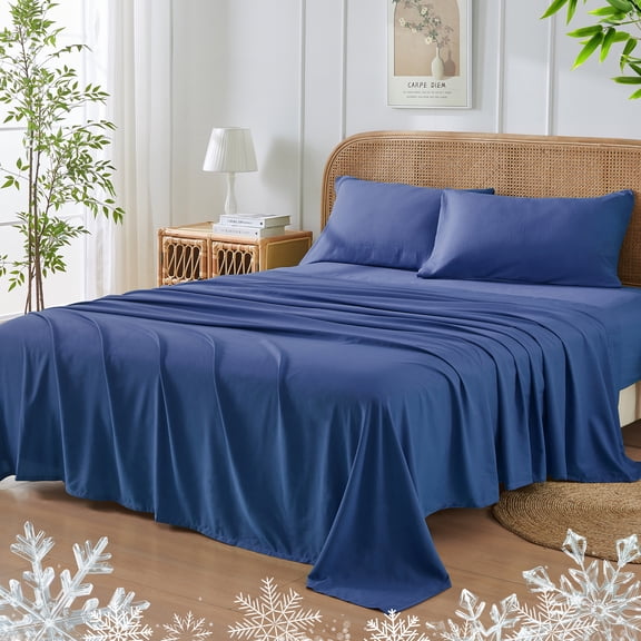 JELLYMONI 4 Pieces Cooling King Sheets Set, Microfiber & Bamboo Sheet Set, Breathable & Wrinkle Free - 16" Deep Pockets Bedding Sheets & Pillowcases,Dark Blue
