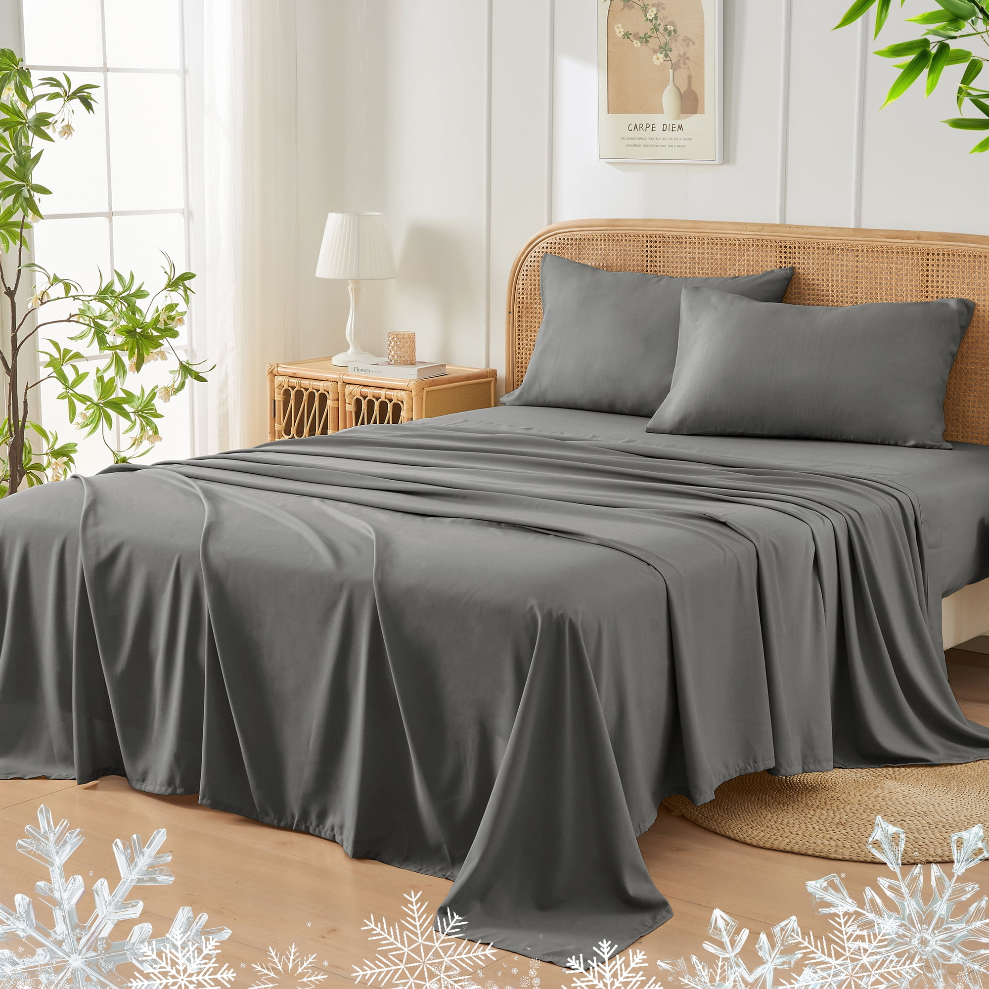 JELLYMONI 4 Pieces Cooling Queen Sheets Set, Microfiber & Bamboo Sheet Set, Breathable & Wrinkle Free - 16" Deep Pockets Bedding Sheets & Pillowcases,Dark Grey