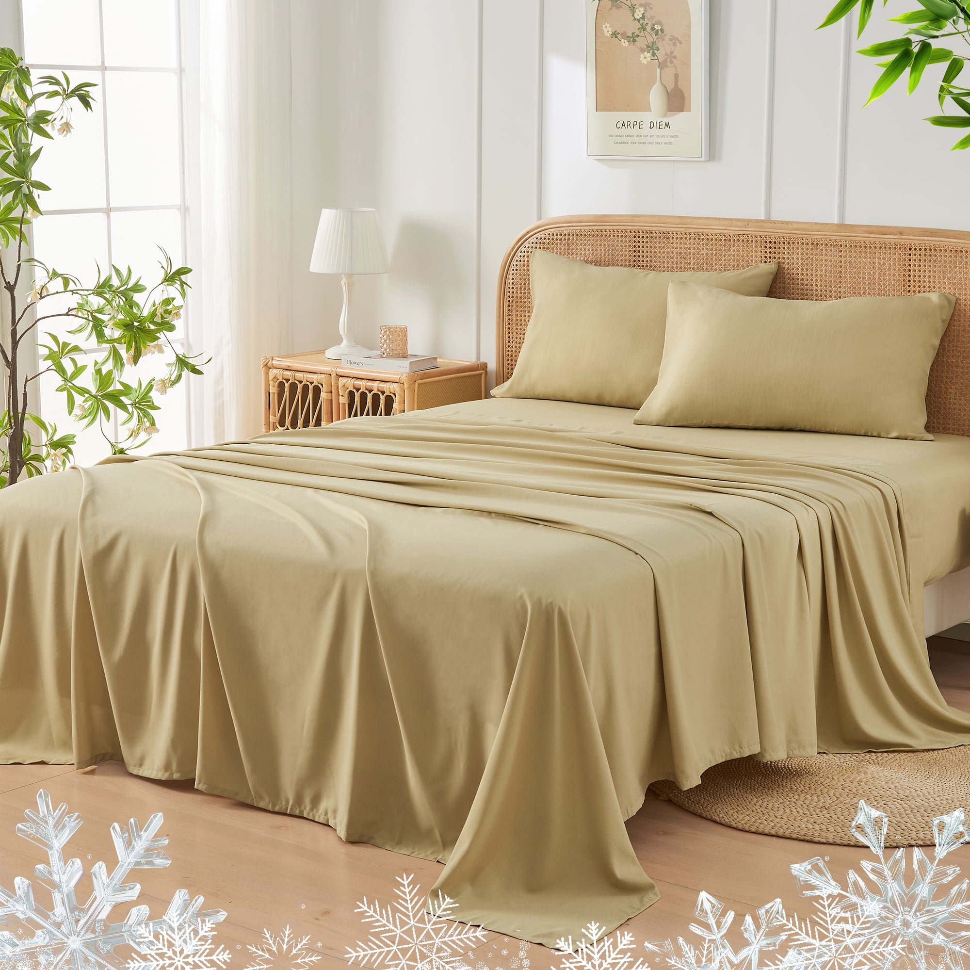 JELLYMONI 4 Pieces Cooling Twin Sheets Set, Microfiber & Bamboo Sheet Set, Breathable & Wrinkle Free - 16" Deep Pockets Bedding Sheets & Pillowcases,Khaki