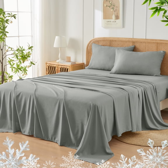 JELLYMONI 4 Pieces Cooling Twin Sheets Set, Microfiber & Bamboo Sheet Set, Breathable & Wrinkle Free - 16" Deep Pockets Bedding Sheets & Pillowcases,Light Grey