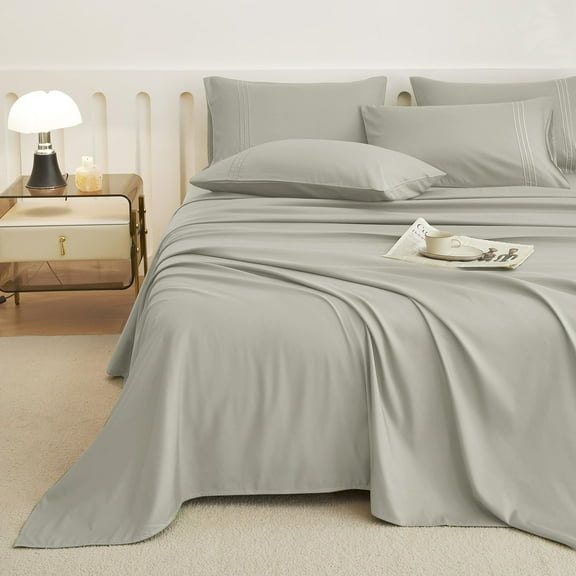 JELLYMONI 4 Pieces Luxury Soft Microfiber Sheets Set ,16" Deep Pocket Queen Size Silky Bedding Sheets & Pillowcases（Full, Cream Grey)