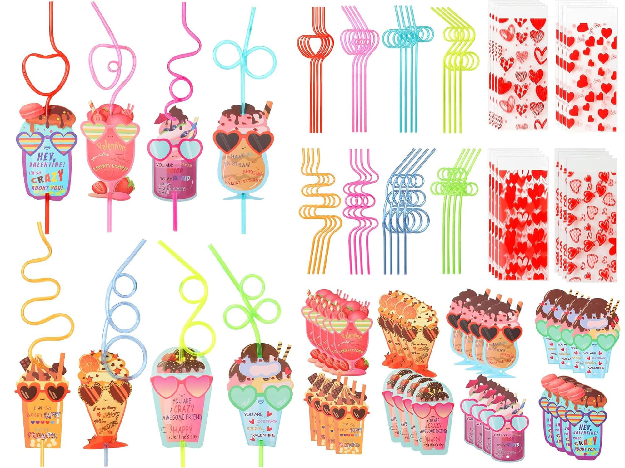 JELMOK Valentine's Day Cards for Kids - 32 Set Exchange Cards with Crazy Straws, Party Favors for Boys & Girls C52