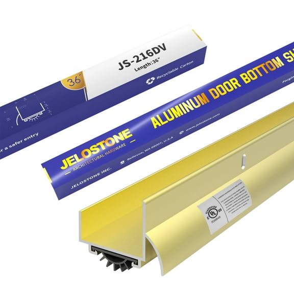 JELOSTONE U-Shaped Aluminum Door Bottom Shoes with Drip Cap(Gold) - Fire Rated - 1-3/4"W x 1-5/16"H x 36"L Weather Stripping Seal for Exterior Doors, Vinyl Insert, JS-216DV