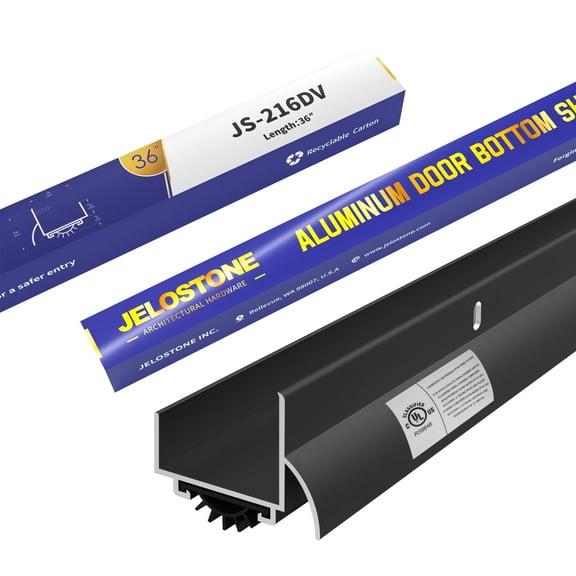 JELOSTONE U-Shaped Aluminum Door Bottom Shoes with Drip Cap(Matte Black) - Fire Rated - 1-3/4"W x 1-5/16"H x 36"L Weather Stripping Seal for Exterior Doors, Vinyl Insert, JS-216DV