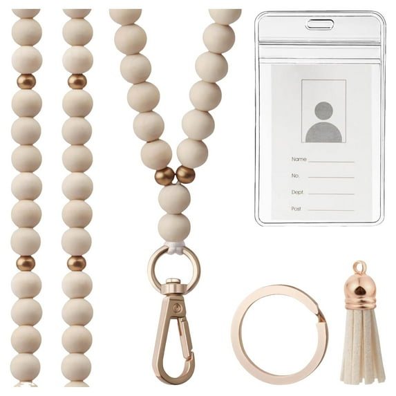 JELSUBI Teacher Lanyard with ID Holder, Fashion Wood Beaded Lanyard for Keys, Super Cute Boho Breakaway Lanyard for Women