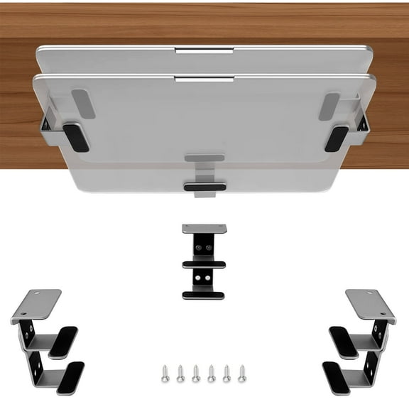 JEMACHE Under Desk Dual Decker Laptop Mount, Hard Aluminum Under Table Desk 2 Tier Holder for Laptop, Mac Mini, MacBook, Keyboard with Anti-Scratch Silicone (Silver)