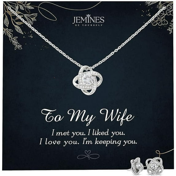 JEMINES Gifts for Wife, Wifey Birthday Jewelry with Romantic Message Gifts from Husband, Wife Necklace (Wife Love, Love Knot Necklace and Earrings Set)