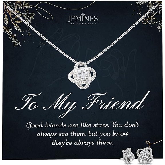 JEMINES Gifts for Women, Friends BFF Bestie Jewelry with Meaningful Message Gifts Idea, Friendship Necklace (Friend Love, Love Knot Necklace and Earrings Set)