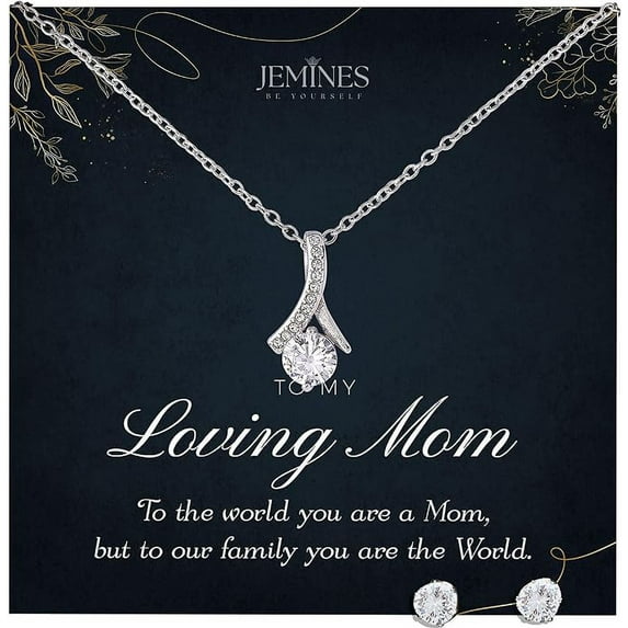 JEMINES Mothers Day Gifts, Mother Birthday Jewelry with Meaningful Message Gifts Idea, Mom Necklace (Mom Love, Alluring Beauty Necklace and Earrings Set)