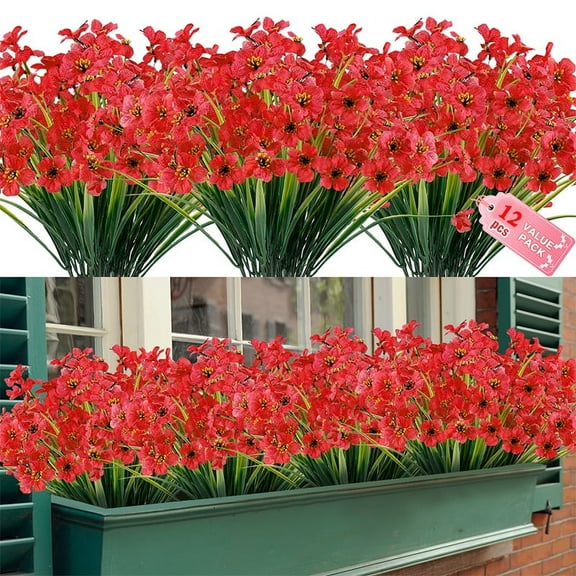 JEMONG 12 Pack Artificial Flowers Outdoor UV Resistant Fake Flowers Faux Plants Garden Porch Window Box Decorating Violet Red