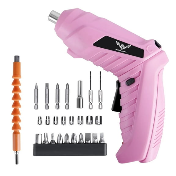 JENABOM 26 in 1 Cordless Electric Screwdriver Set, 3.6V Rechargeable Drill with , LED Light, Multi-Angle Tool for Home, Office, DIY (Pink)