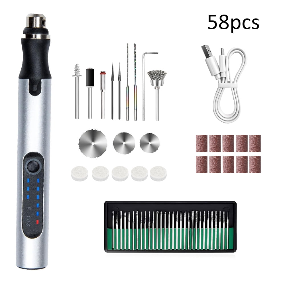 JENABOM 58PCS Silver Electric Engraving Pen, Cordless Electric Rotating Tool, 3-speed Adjustable, USB Charging Engraving Tool, Suitable for Jewelry, Wood, Metal