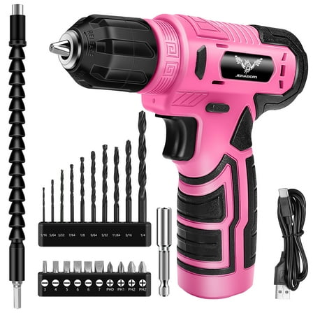 JENABOM 8V Cordless Drill, Drill Set with 3/8" Keyless Chuck, 23pcs Acessories, with LED, Pink Power Drills for Drilling and Tightening/Loosening Screws