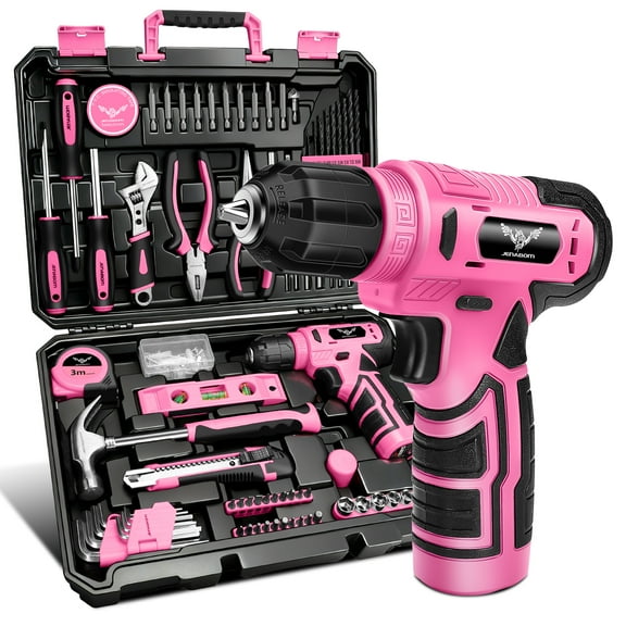 JENABOM Drill Set: Tool Set with 8V Pink Cordless Drill, Home Tool Kit with Drill, Hand Tool Kits for Women, Homeowner, Diyer, 127Piece