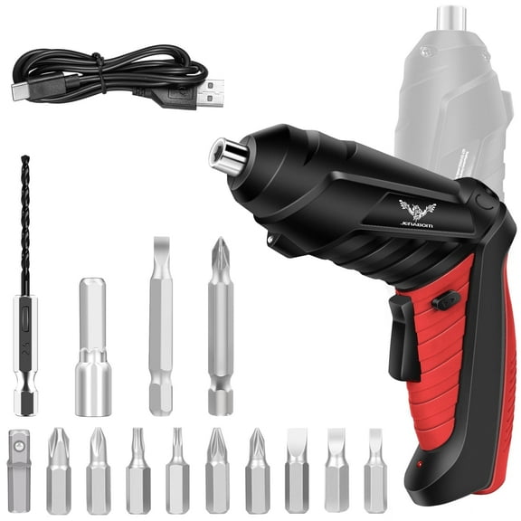 JENABOM Electric Screwdriver Cordless 3.6V Rechargeable Small Power Drill Set 3.0Nm Max Torque Rotatable with LED Light for Home DIY Tools (14pcs Red)