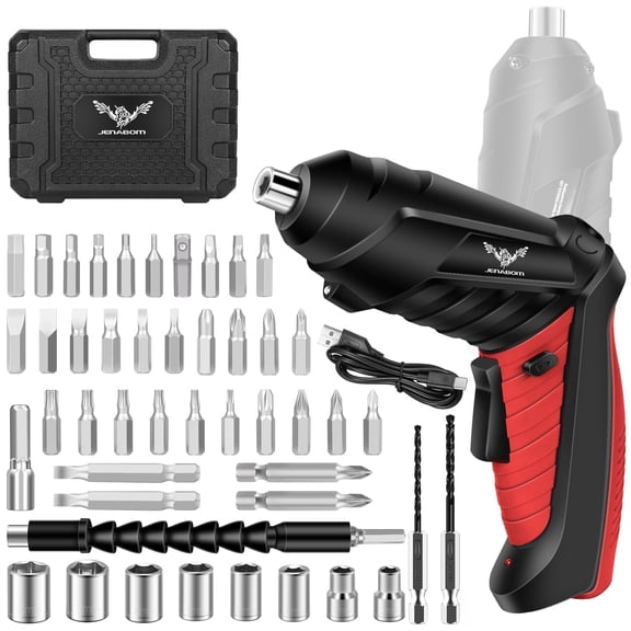 JENABOM Electric Screwdriver Cordless 3.6V Rechargeable Small Power Drill Set 3.0Nm Max Torque Rotatable with LED Light for Home DIY Tools (47pcs Red)