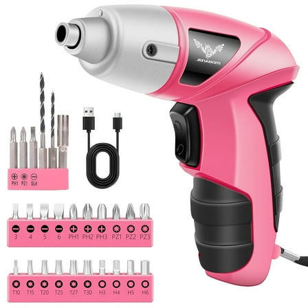 JENABOM Pink 26 in 1 Electric Screwdriver 3.6V USB Small Power Screwdriver Set. Cordless Screwdriver & Rechargeable with Driver Bit Set