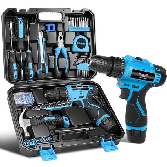 JENABOM Tool Set,146Pcs Power Tool Kits with 12V Cordless Drill, 3/8" Keyless Chuck,Home Tool Set for Man & woman,Tool box Storage Case（Blue）