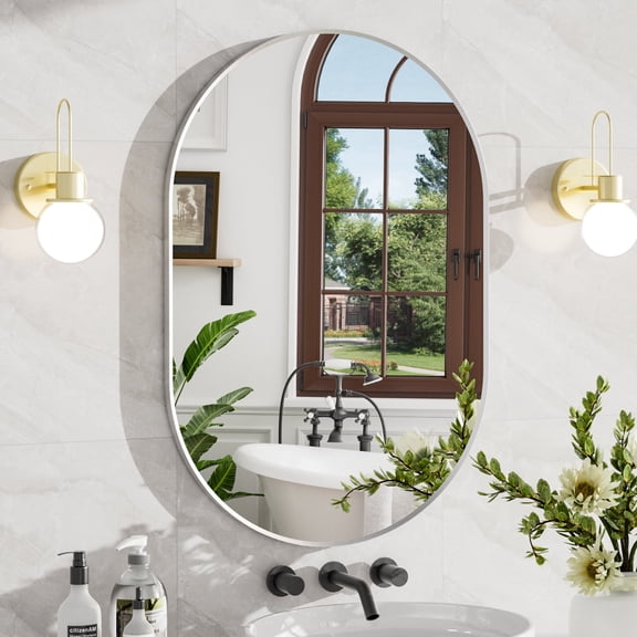 JENBELY 24" x 36" Aluminum Alloy Frame Oval Wall Mirror Bathroom Mirror with HD Tempered Glass, Nickel