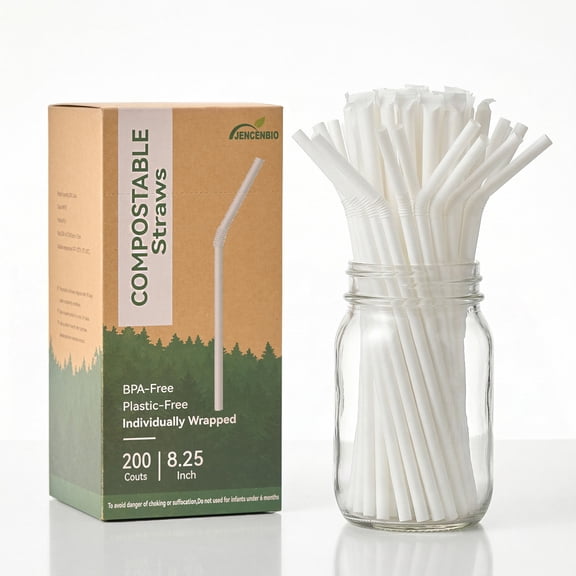 JENCENBIO 200 PCS Individually Wrapped Compostable Flexible Straws Compost Drinking Straw for Party Travel Home Events(White Bendy)