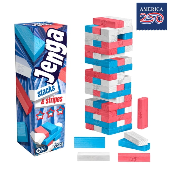 Hasbro Jenga Stacks and Stripes Party Game, Red, White, and Blue Wood Blocks, Boys & Girls, Fun Summer Activities for Child, Adults & Families, Ages 6+