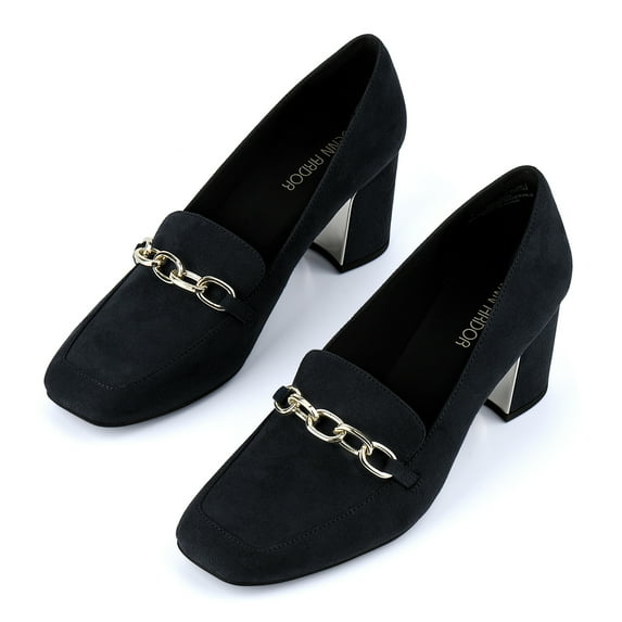 JENN ARDOR Chain Loafer for Women Chunky High Heel Loafer Pumps Classic Block Heels Square-Toe Chain Fashion Casual Office Shoes Black