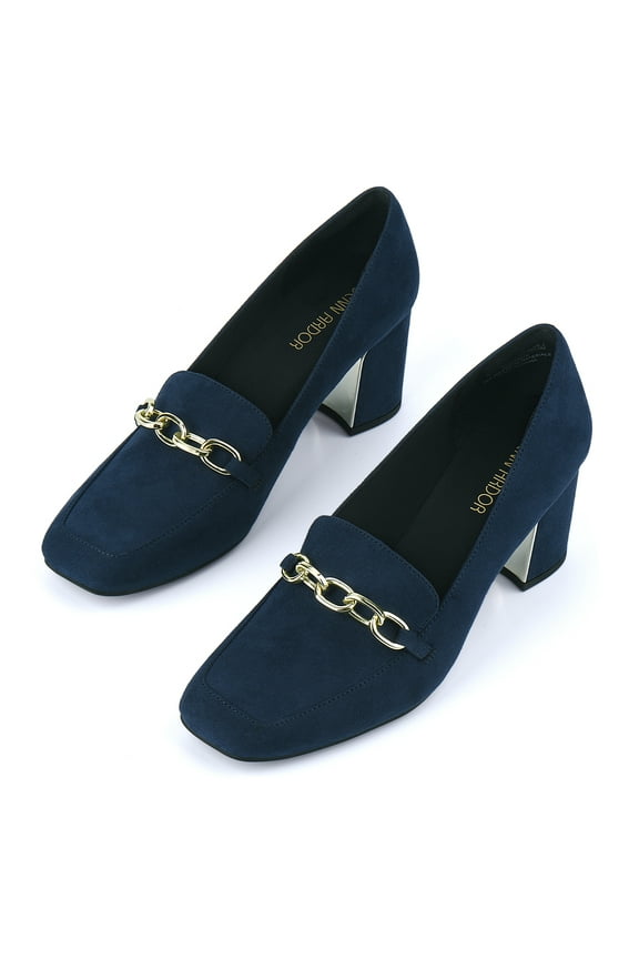 Chain Loafer for Women Chunky High Heel Loafer Pumps Classic Block Heels Square-Toe Chain Fashion Casual Office Shoes Navy