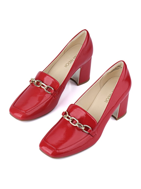 Chain Loafer for Women Chunky High Heel Loafer Pumps Classic Block Heels Square-Toe Chain Fashion Casual Office Shoes Red