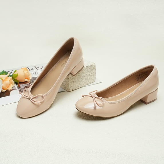 JENN ARDOR Chunky Block Low Heels Bow Round Closed Toe Comfort Work Casual Slip-On Bridal Wedding Guest Dress Cute Ballet Pumps Shoes for Women