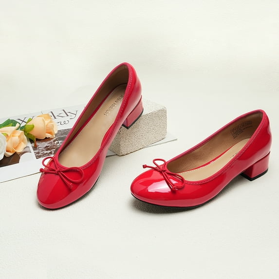JENN ARDOR Chunky Block Low Heels Bow Round Closed Toe Comfort Work Casual Slip-On Bridal Wedding Guest Dress Cute Ballet Pumps Shoes for Women