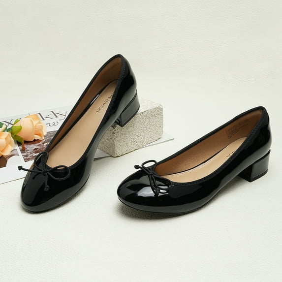 JENN ARDOR Chunky Block Low Heels Bow Round Closed Toe Comfort Work Casual Slip-On Bridal Wedding Guest Dress Cute Ballet Pumps Shoes for Women