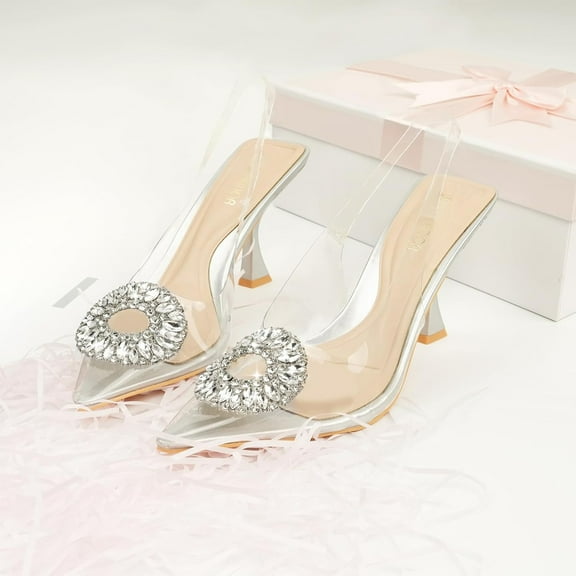JENN ARDOR Clear Heels for Women Slingback Pointed Closed Toe Heels with Rhinestones 3 inch Comfortable Stiletto Sandals Pumps Wedding Party Dress Shoes