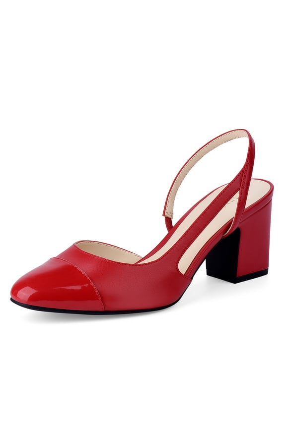 Slingback Heels for Women, Classic Low Block Heel Pumps Square Closed Toe Dress Pumps Ankle Strap Splicing Color Chunky Heels Comfort Wedding Shoes 2.5 inch