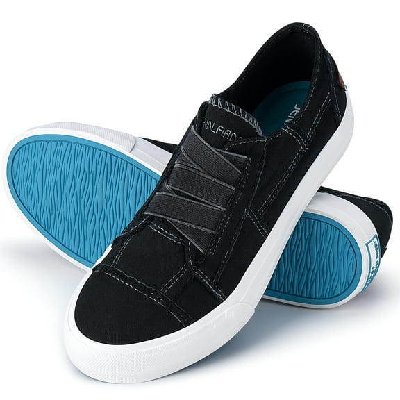 JENN ARDOR Women Fashion Canvas Sneakers Slip On Shoes Elastic the Laces Low Top Casual Walking Shoes Flats Easy On and Off,Black