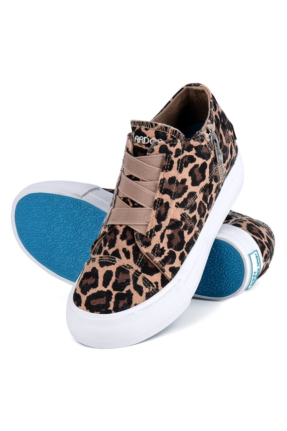 Women Slip On Canvas Shoes Fashion Platform Low Top Wedge Sneakers with Zipper Classic Casual Booties Comfortable,Leopard