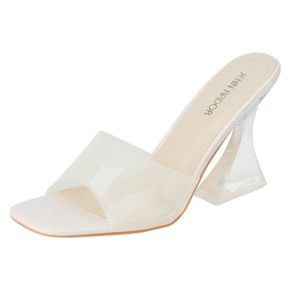 JENN ARDOR Women’s Chunk Heel Transparent Trendy Clear Heeled Sandals Slip On Slides Mules