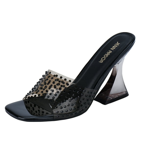 JENN ARDOR Women’s Chunk Heel Transparent Trendy Clear Heeled Sandals Slip On Slides Mules