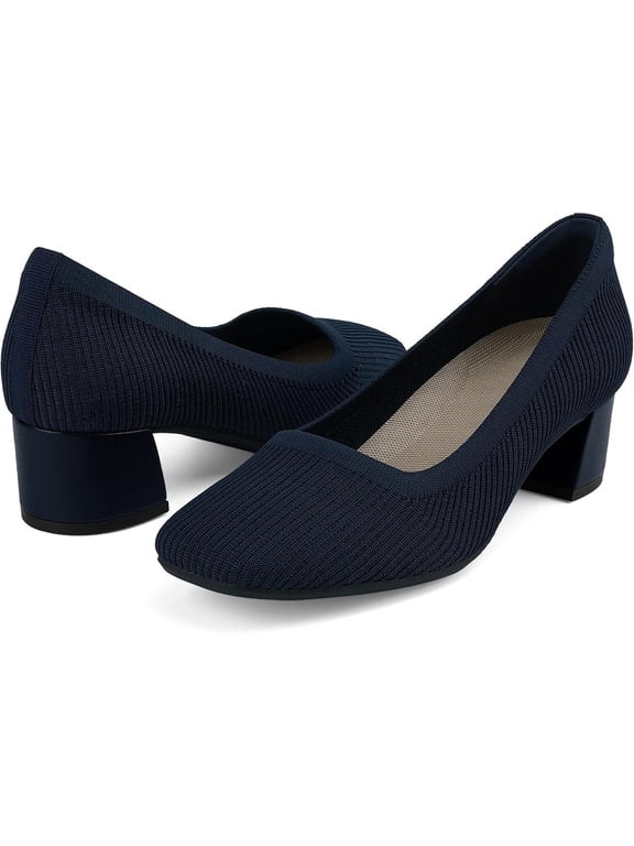 Women's Chunky Block Heels Knit Square Closed Toe Pumps