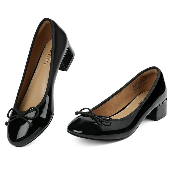 JENN ARDOR Women's Chunky Block Low Heels Bow Round Closed Toe Slip-On Bridal Wedding Dress Ballet Pumps Shoes