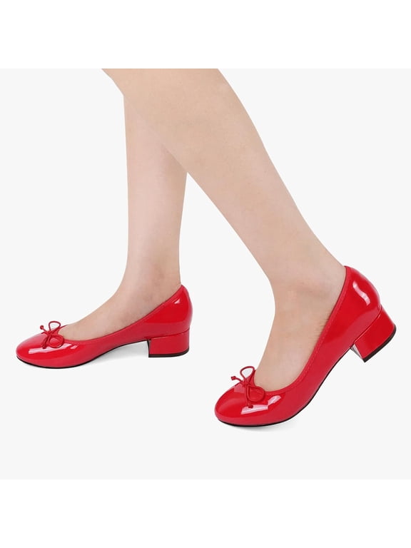 Women's Chunky Block Low Heels Bow Round Closed Toe Slip-On Bridal Wedding Dress Ballet Pumps Shoes