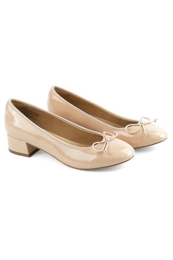 Women's Chunky Block Low Heels Bow Round Closed Toe Slip-On Bridal Wedding Dress Ballet Pumps Shoes