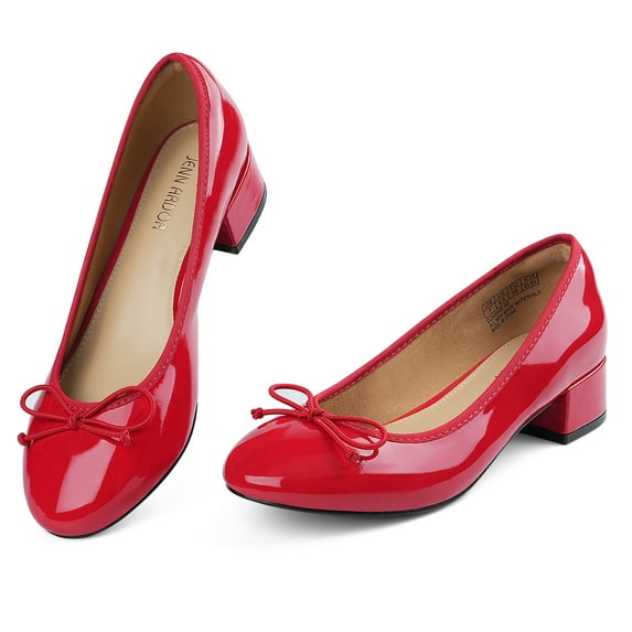 JENN ARDOR Women's Chunky Block Low Heels Bow Round Closed Toe Slip-On Bridal Wedding Dress Ballet Pumps Shoes