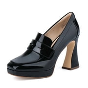 JENN ARDOR Women's Heeled Loafers Platform Chunky Block Heel Square Toe Pumps Slip On Walking Shoes