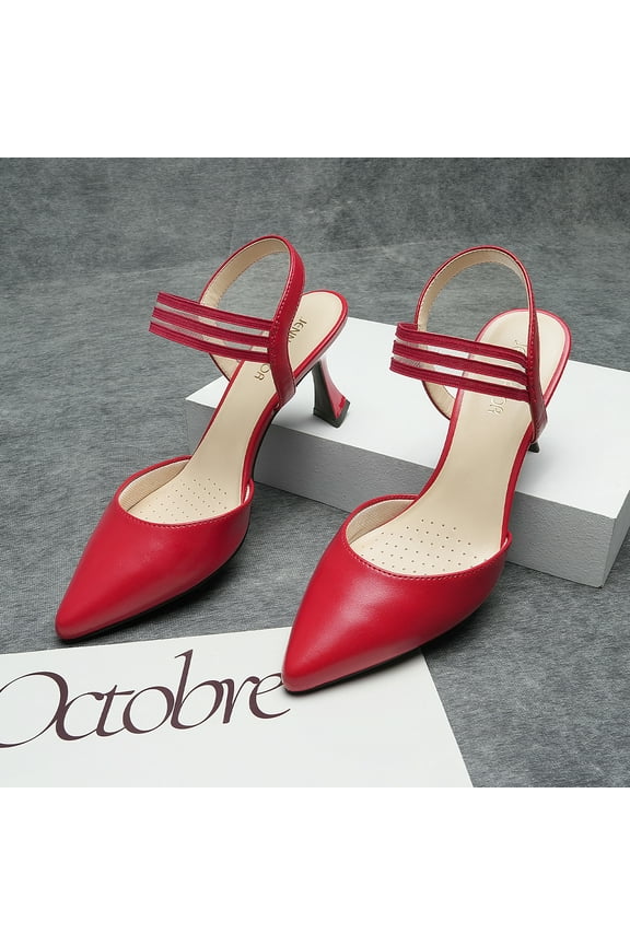 Women's Kitten Heels Slingback Pumps Elastic Ankle Strap Sandals Closed Pointed Toe