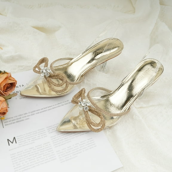 JENN ARDOR Women's Low Heels Slingback Bow Kitten Pumps Rhinestone Dressy Shoes