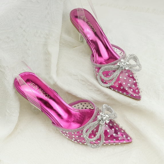JENN ARDOR Women's Low Heels Slingback Bow Kitten Pumps Rhinestone Dressy Shoes